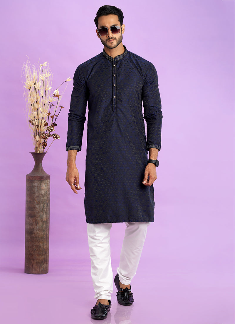 Art Silk Blue Festival Wear Jacquard Kurta Pajama