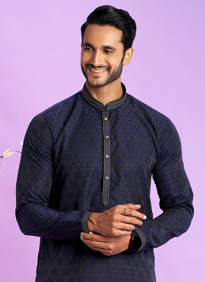 Art Silk Blue Festival Wear Jacquard Kurta Pajama
