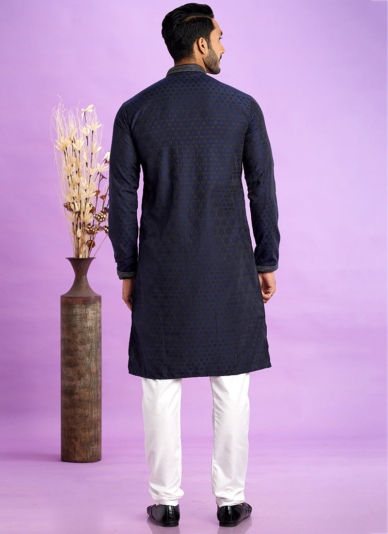 Art Silk Blue Festival Wear Jacquard Kurta Pajama