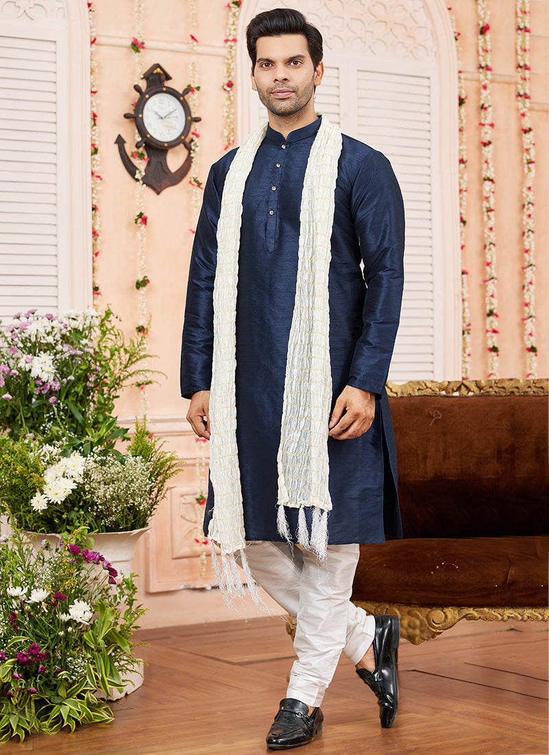 Art Silk Blue Festival Wear Plain Readymade Kurta Pajama