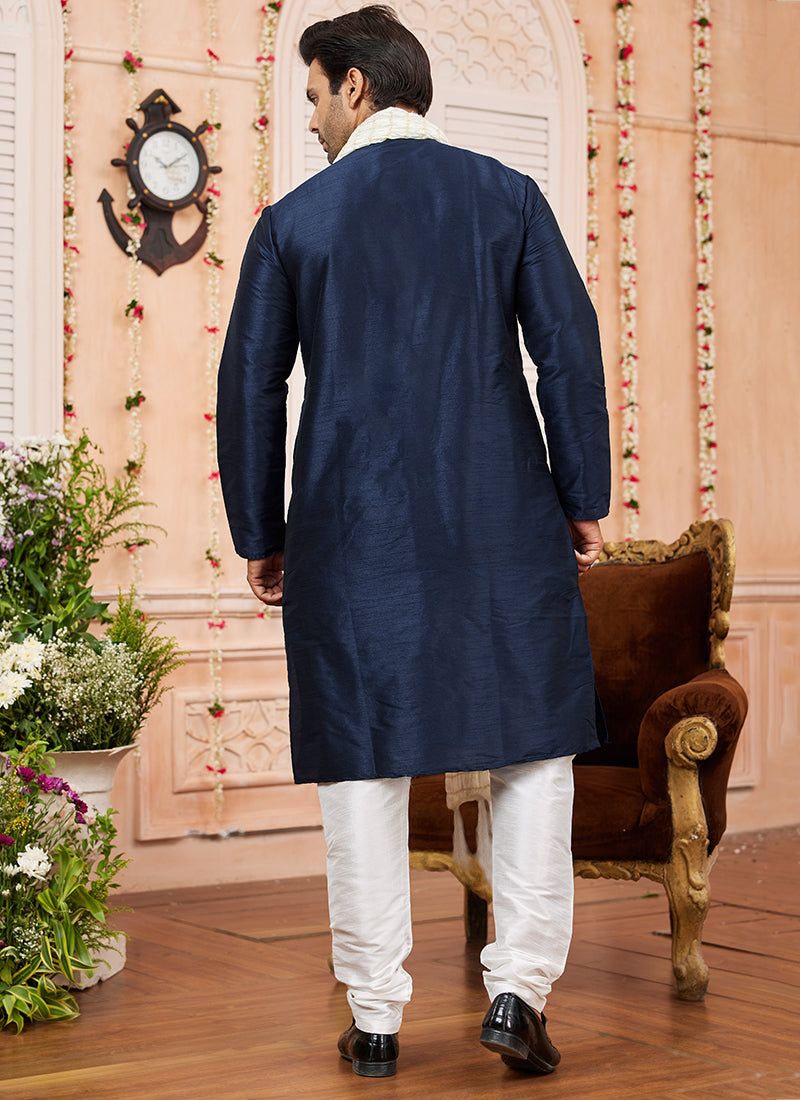 Art Silk Blue Festival Wear Plain Readymade Kurta Pajama