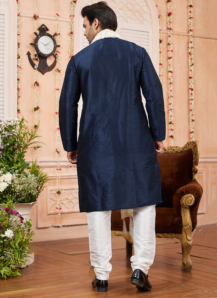 Art Silk Blue Festival Wear Plain Readymade Kurta Pajama