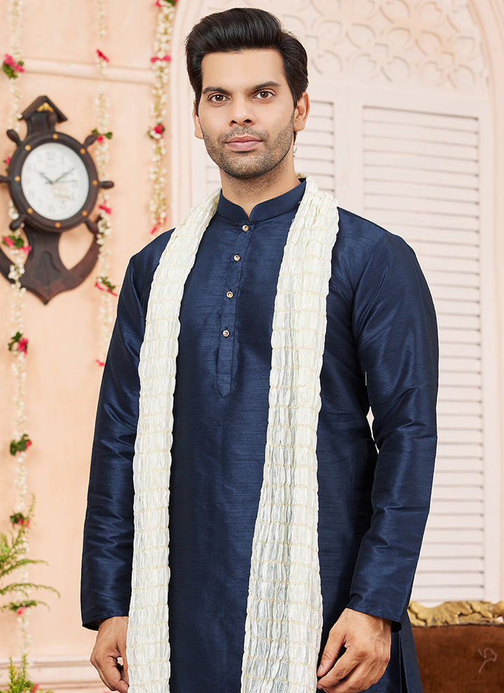 Art Silk Blue Festival Wear Plain Readymade Kurta Pajama
