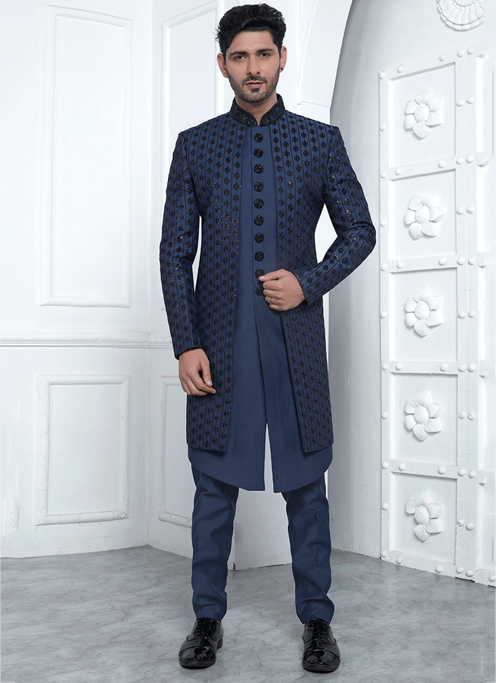 Art Silk Blue Wedding Wear Embroidery Work Readymade Sherwani