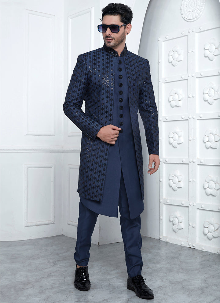 Art Silk Blue Wedding Wear Embroidery Work Readymade Sherwani