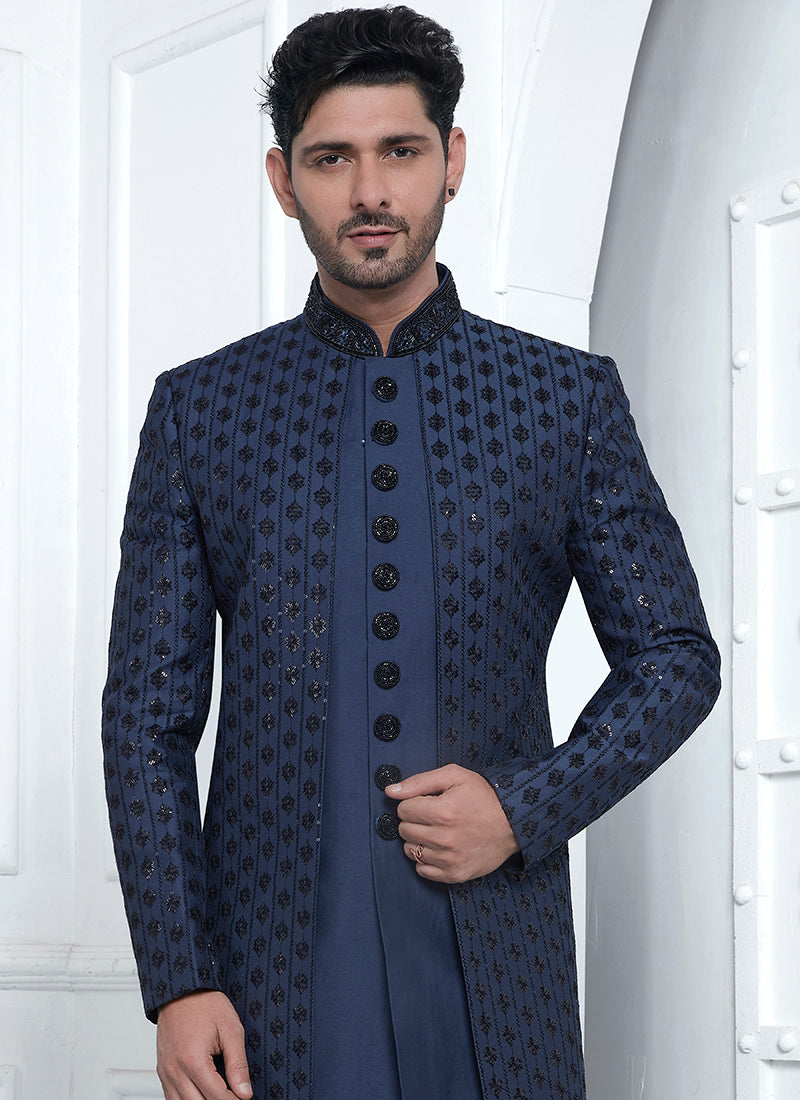 Art Silk Blue Wedding Wear Embroidery Work Readymade Sherwani