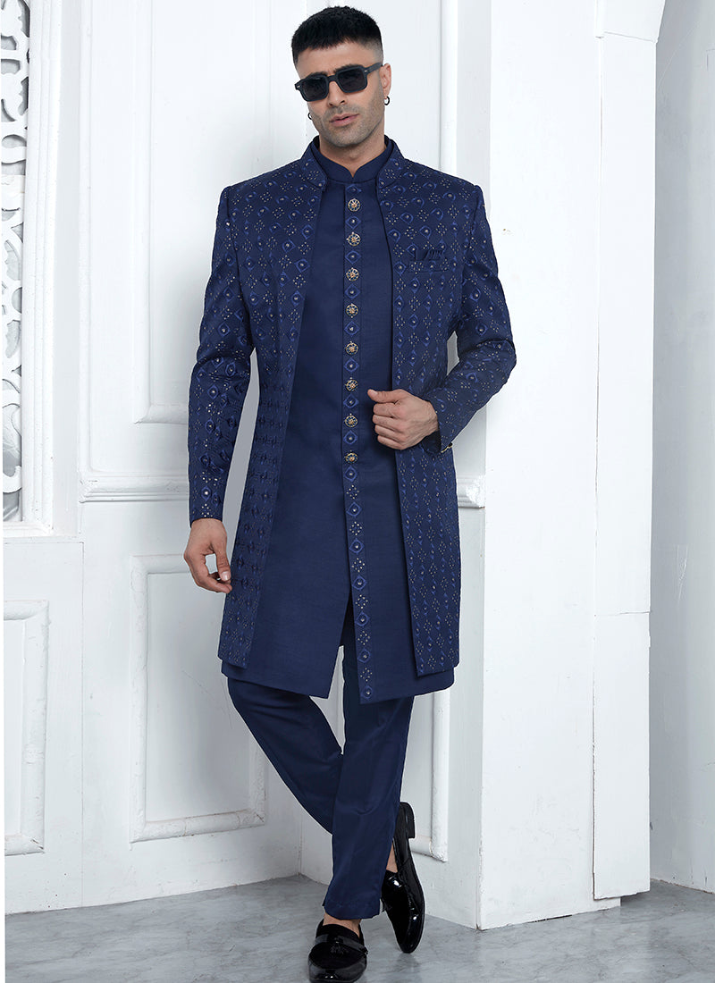 Art Silk Blue Wedding Wear Pattern Pc Readymade Sherwani