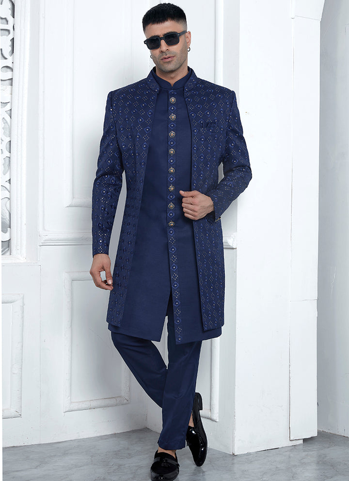 Art Silk Blue Wedding Wear Pattern Pc Readymade Sherwani