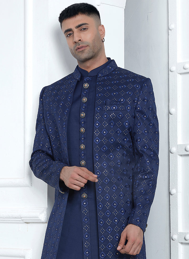 Art Silk Blue Wedding Wear Pattern Pc Readymade Sherwani
