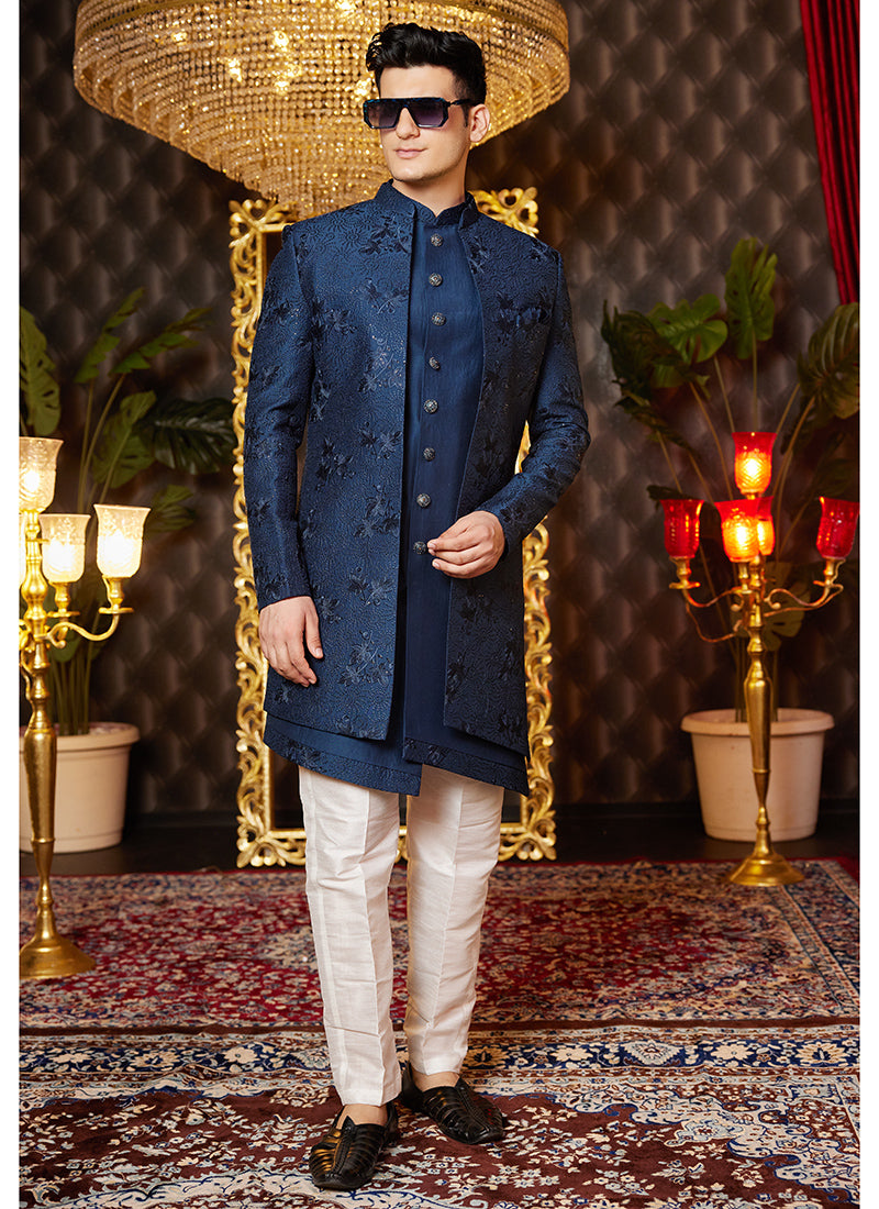 Art Silk Blue Wedding Wear Thread Work Readymade Indo Western Sherwani