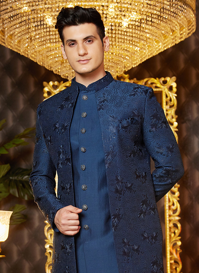 Art Silk Blue Wedding Wear Thread Work Readymade Indo Western Sherwani