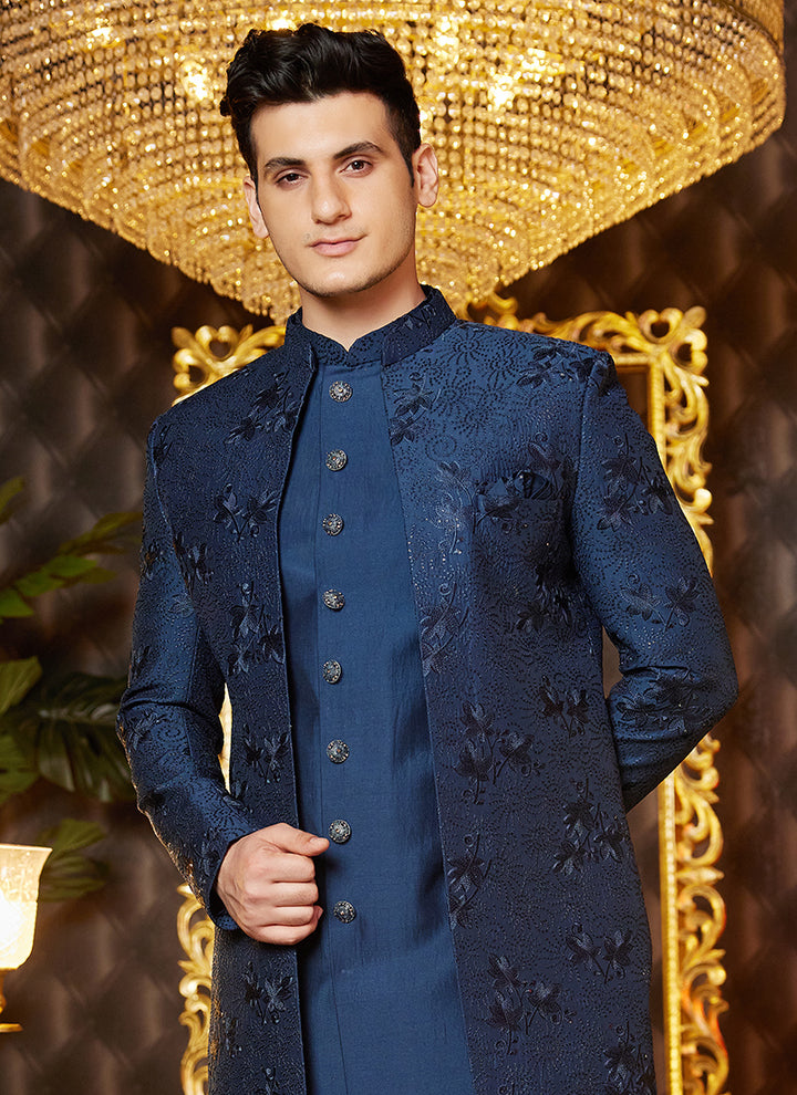 Art Silk Blue Wedding Wear Thread Work Readymade Indo Western Sherwani