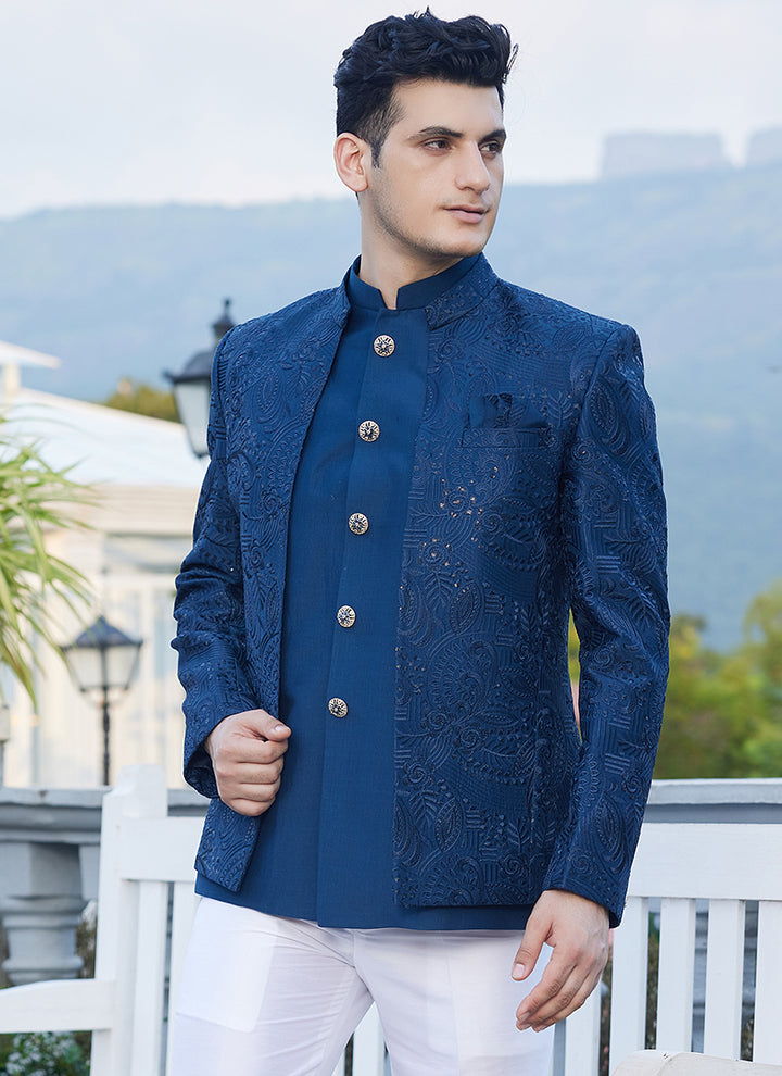 Art Silk Blue Wedding Wear Thread Work Readymade Jodhpuri Suit(Top Only)