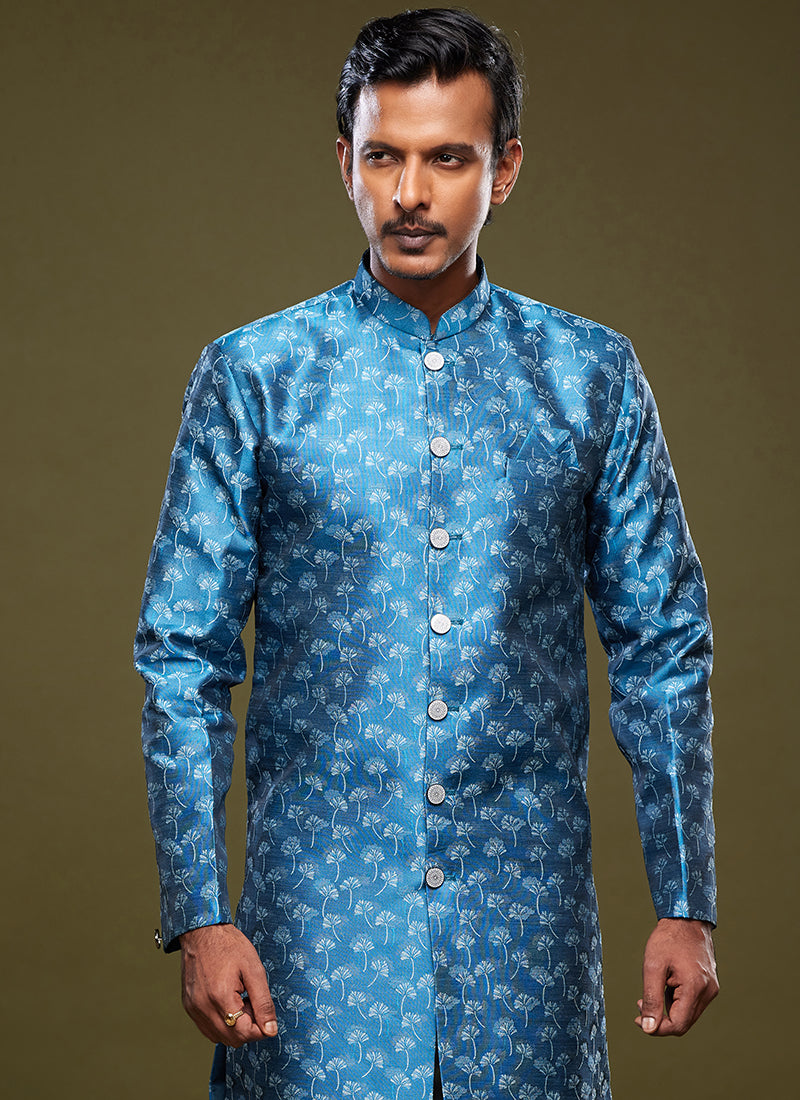 Blue Banarasi Jacquard Festival Wear Weaving Indo Western