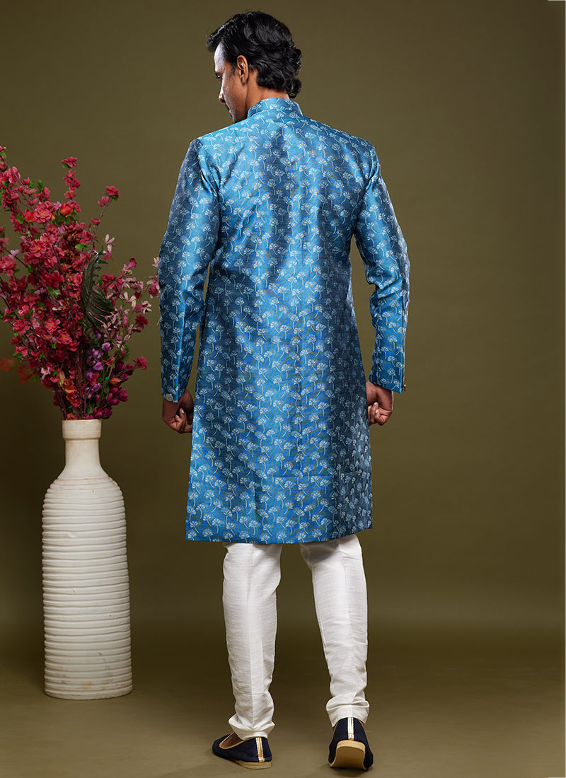 Blue Banarasi Jacquard Festival Wear Weaving Indo Western