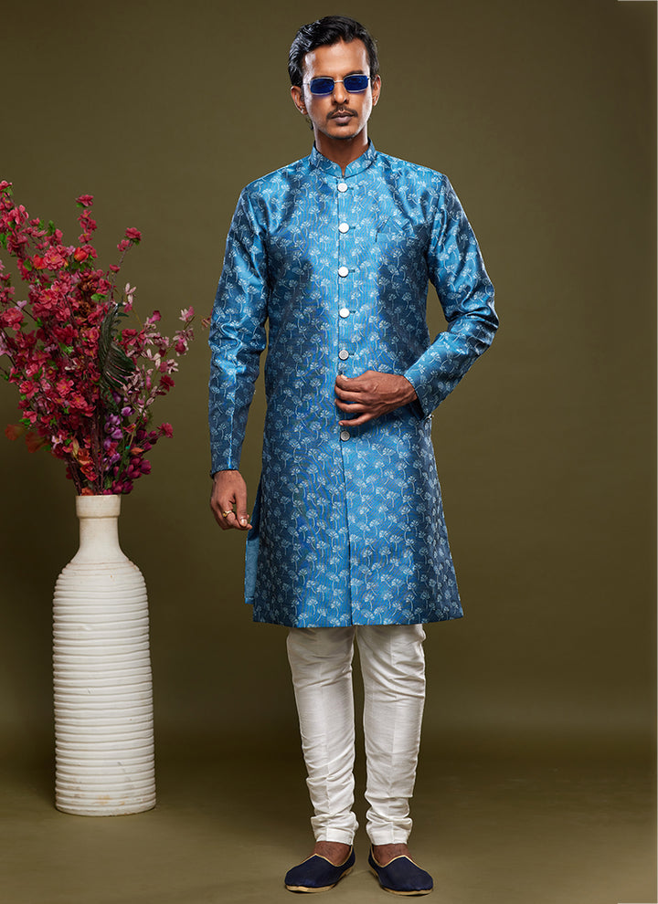 Blue Banarasi Jacquard Festival Wear Weaving Indo Western