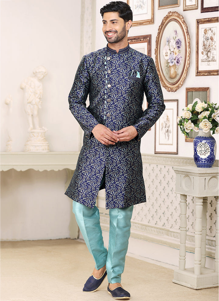 Blue Banarasi Jacquard Wedding Wear Weaving Indo Western Sherwani
