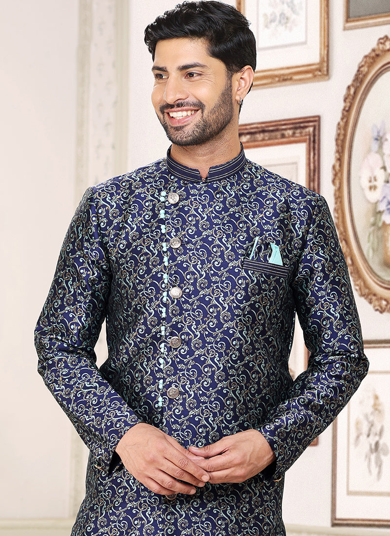 Blue Banarasi Jacquard Wedding Wear Weaving Indo Western Sherwani