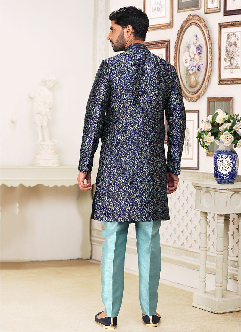 Blue Banarasi Jacquard Wedding Wear Weaving Indo Western Sherwani