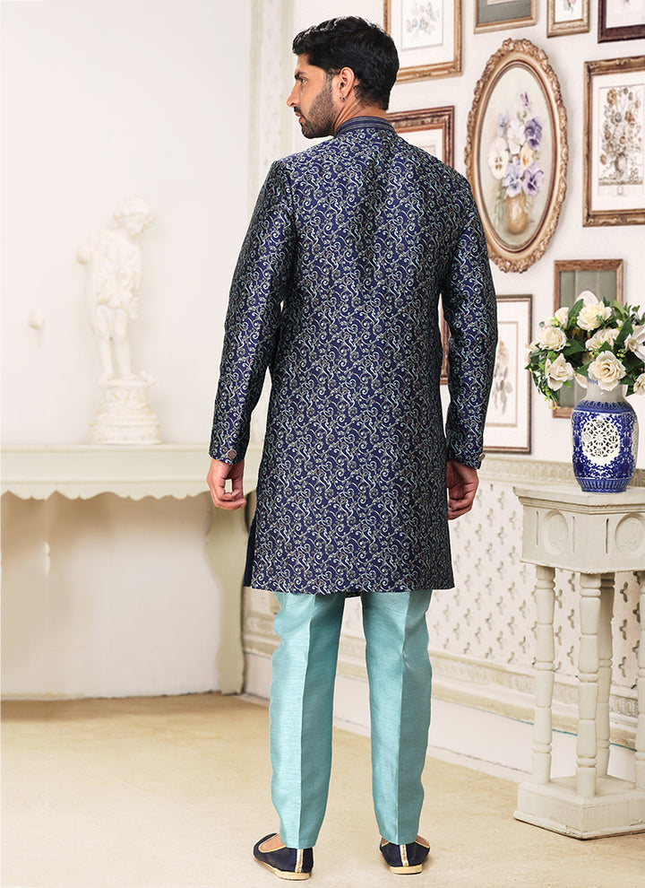 Blue Banarasi Jacquard Wedding Wear Weaving Indo Western Sherwani