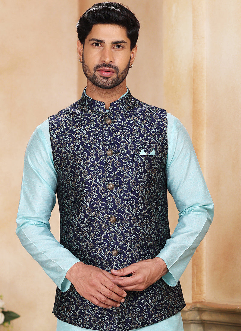 Blue Banarasi Silk Traditional Wear Weaving Kurta Pajama With Jacket
