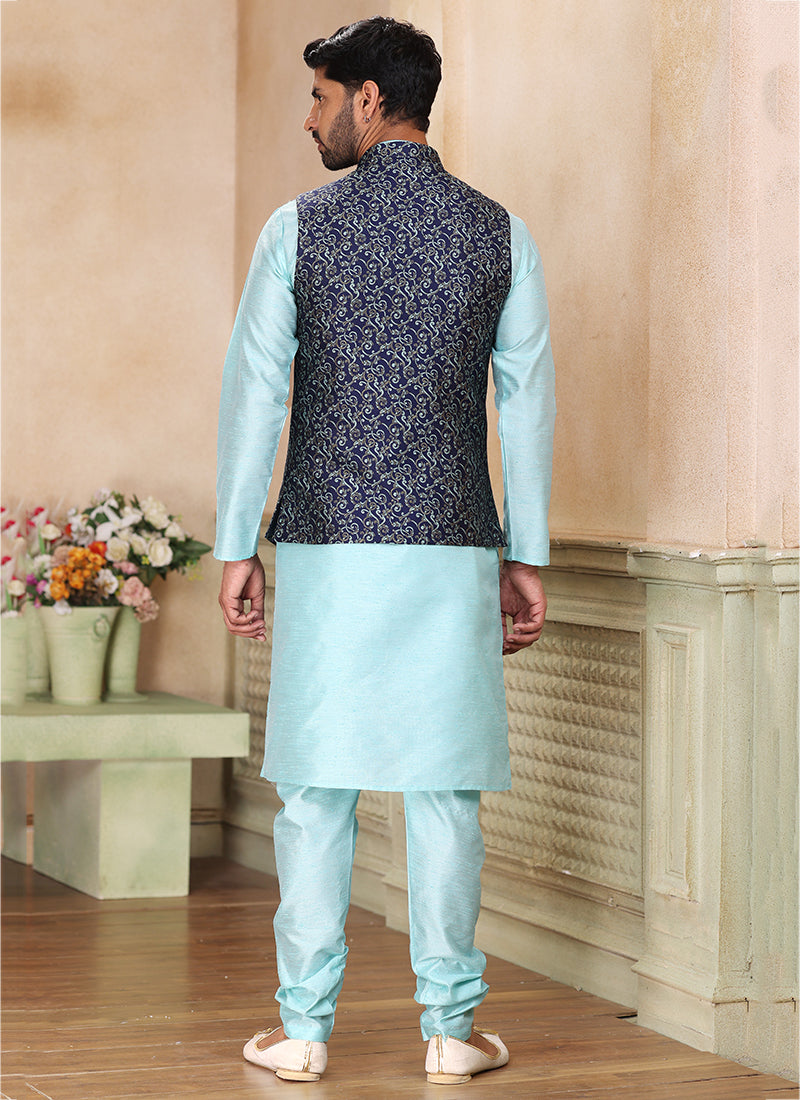 Blue Banarasi Silk Traditional Wear Weaving Kurta Pajama With Jacket