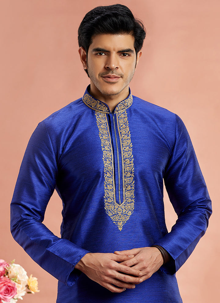 Banarasi Art Silk Blue Festival Wear Machine Work Readymade Kurta Pajama