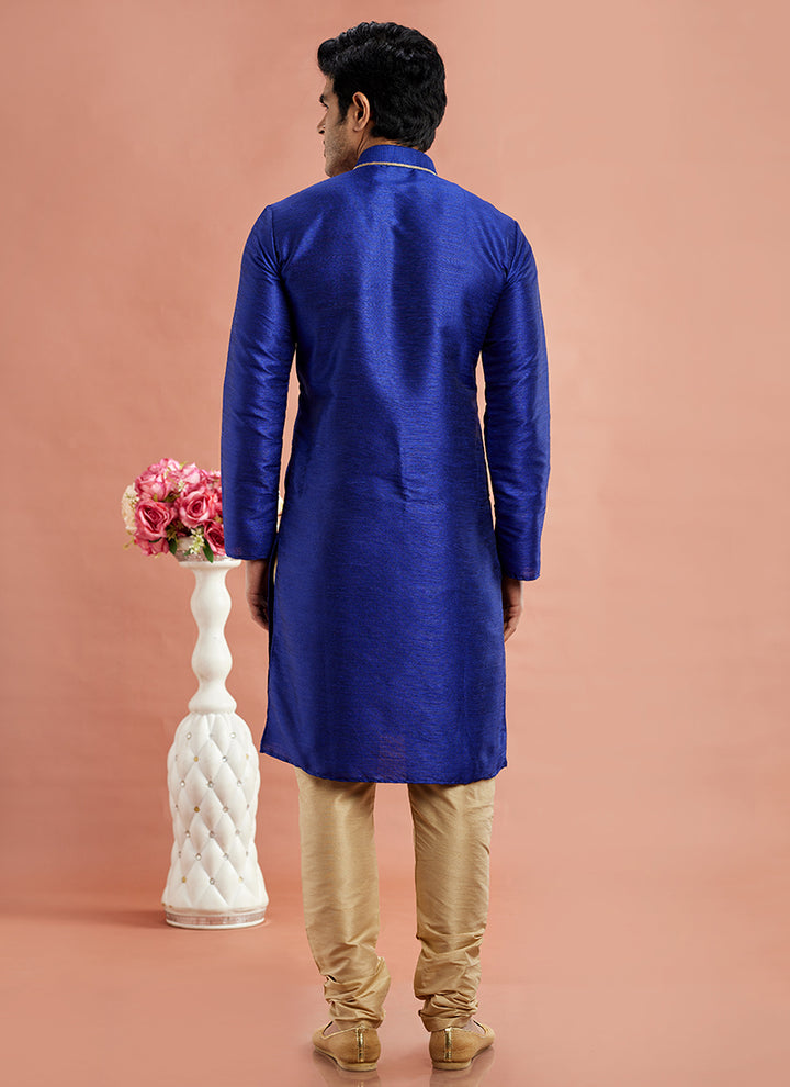 Banarasi Art Silk Blue Festival Wear Machine Work Readymade Kurta Pajama