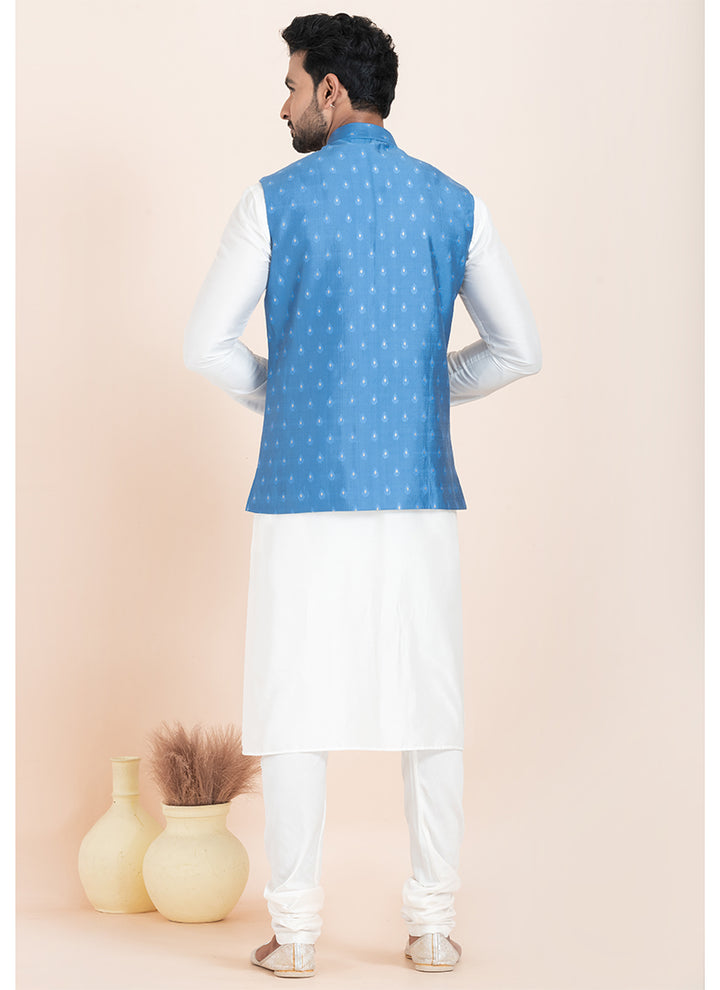 Banarasi Silk Blue Festival Wear Jacquard Work Readymade Modi Jacket Kurta Pajama