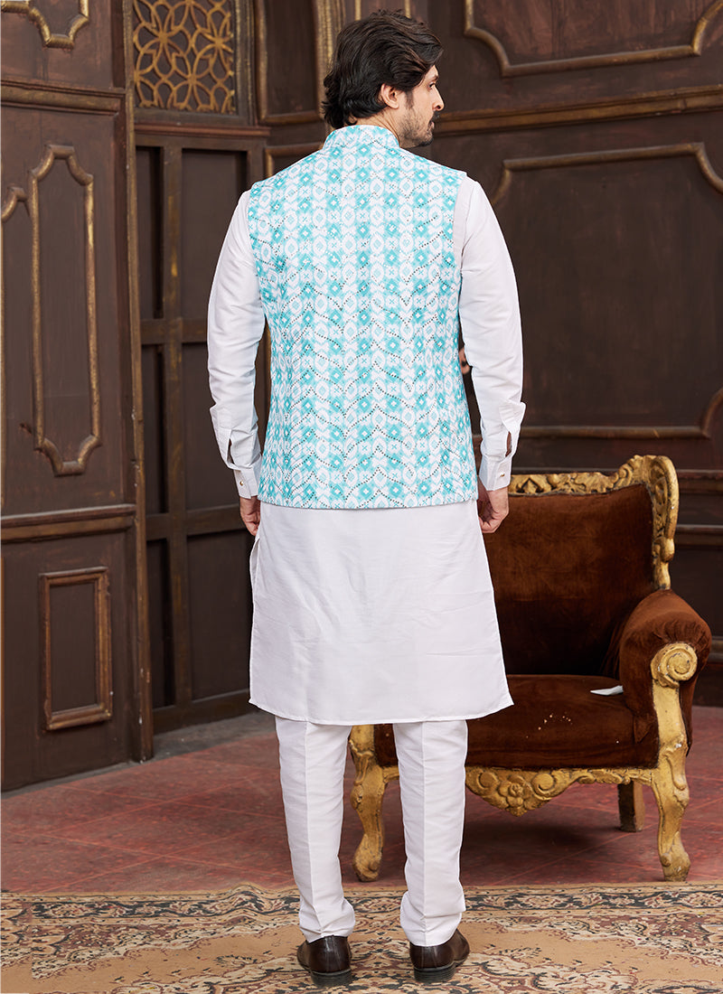 Banarasi Silk Blue Wedding Wear Digital Print Radymade Modi Jacket Kurta Pajama