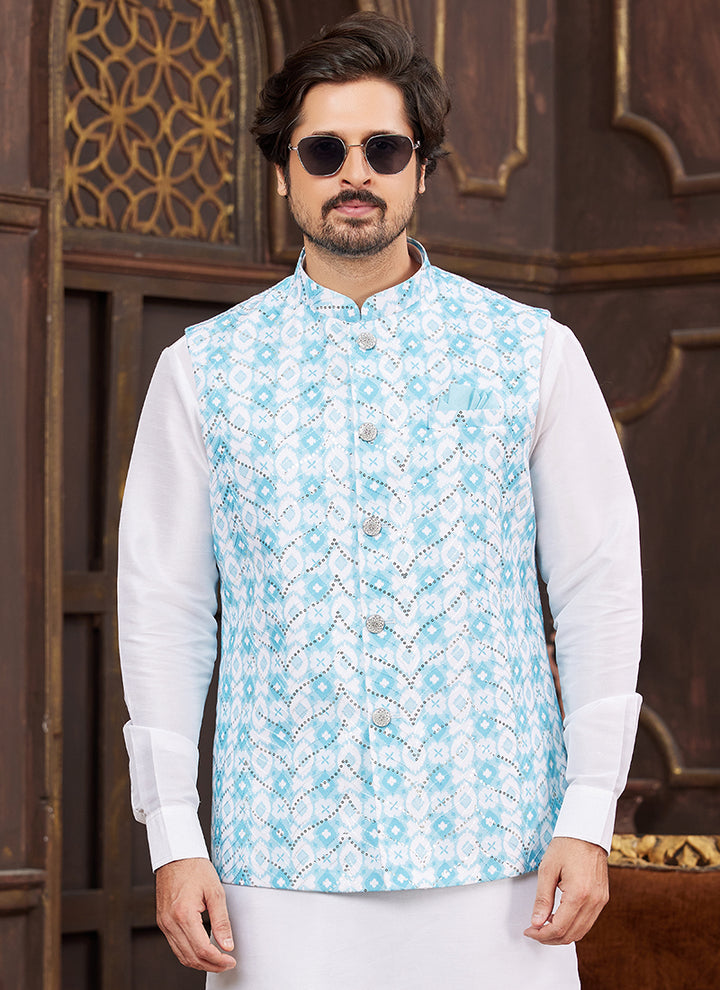 Banarasi Silk Blue Wedding Wear Digital Print Radymade Modi Jacket Kurta Pajama