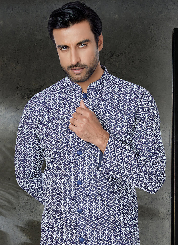 Blue Cotton Festival Wear Embroidery Work Kurta Pajama