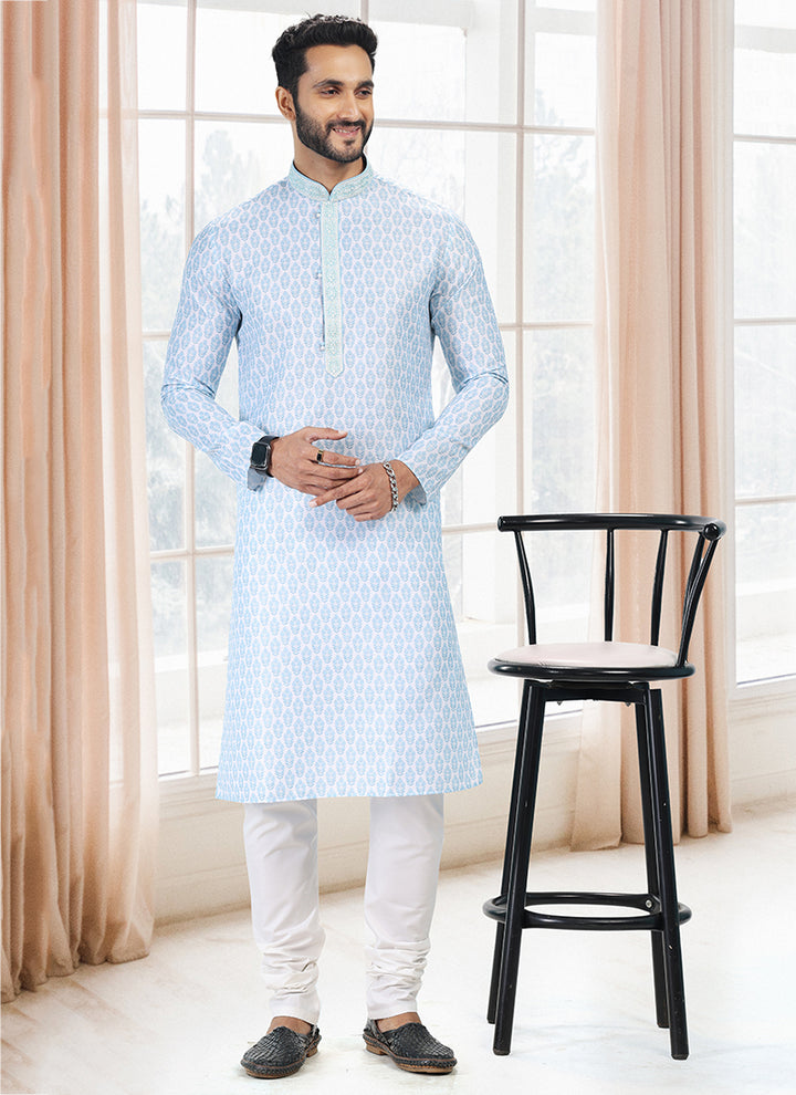 Blue Cotton Traditional Wear Thread Work Kurta Pajama
