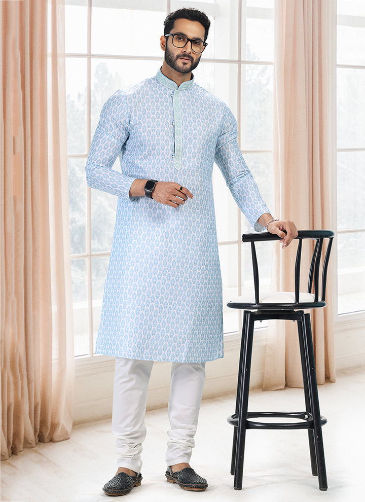 Blue Cotton Traditional Wear Thread Work Kurta Pajama