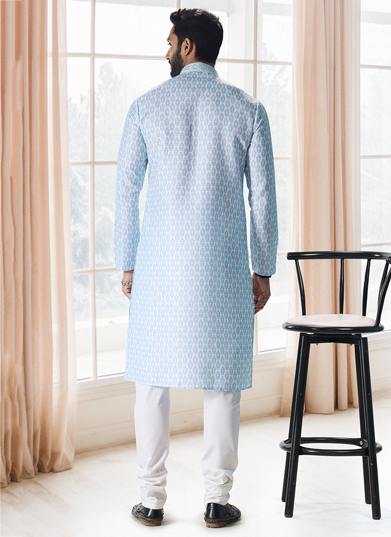 Blue Cotton Traditional Wear Thread Work Kurta Pajama