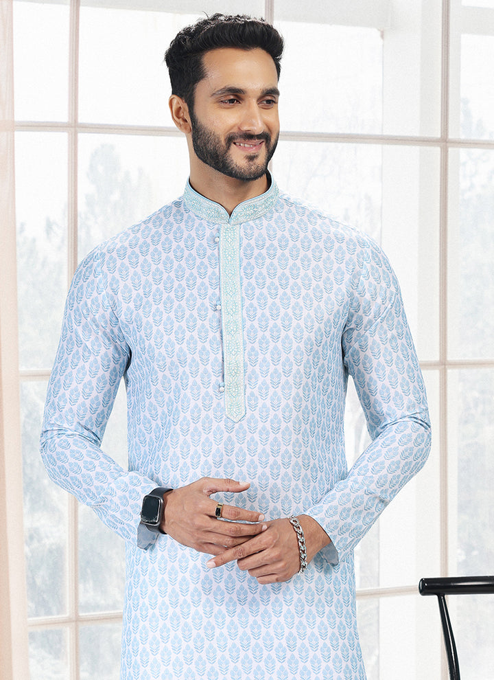 Blue Cotton Traditional Wear Thread Work Kurta Pajama