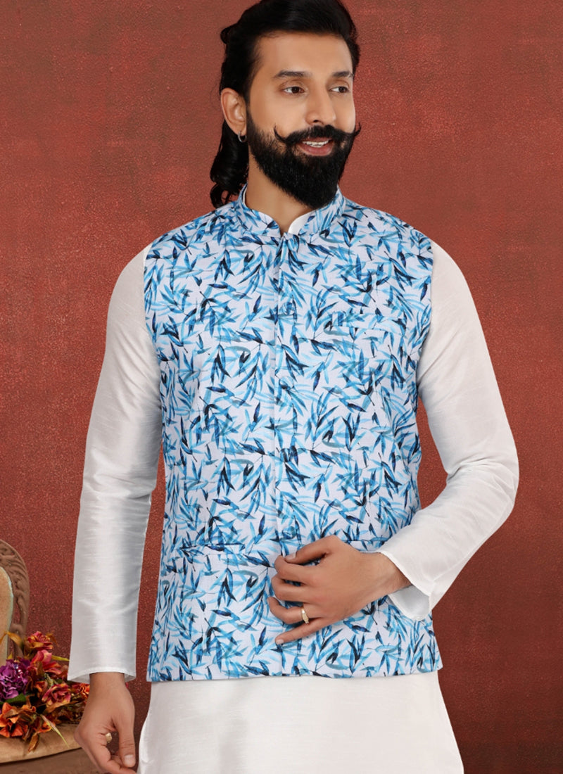 Cotton Print Blue Festival Wear Embroidery Work Readymade Men's Waist Coat
