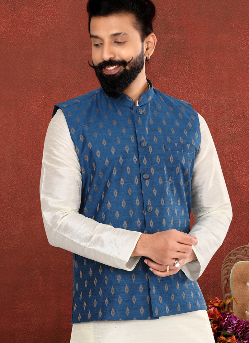 Cotton Silk Blue Festival Wear Embroidery Work Readymade Men's Waist Coat