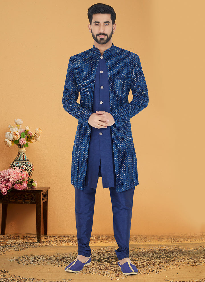 Blue Georgette Banarasi Dhupion Wedding Wear Embroidery Work Mens Indo Western