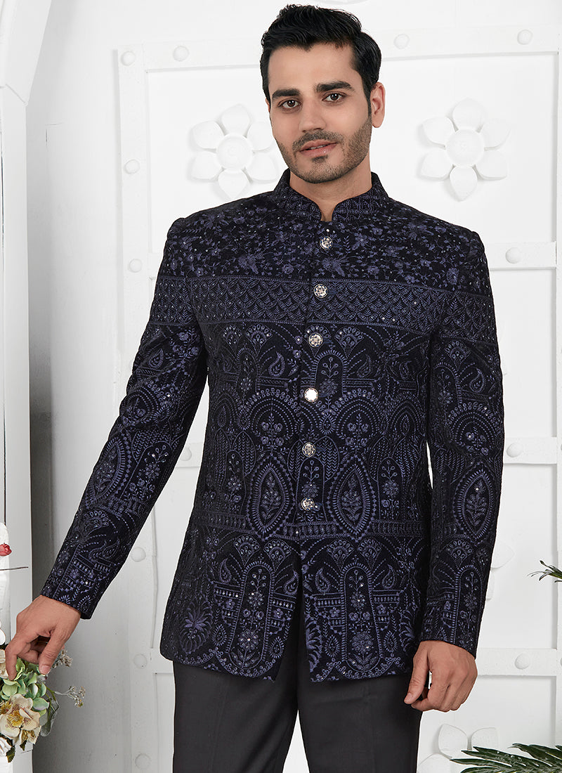 Blue Imported Jaquard Silk Party Wear Pattern Pc Work Readymade Mens Jacket
