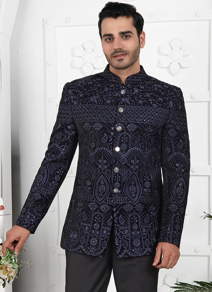 Blue Imported Jaquard Silk Party Wear Pattern Pc Work Readymade Mens Jacket