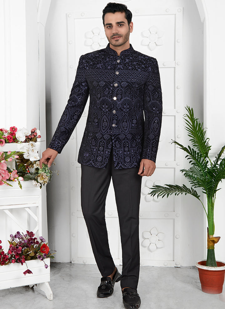 Blue Imported Jaquard Silk Party Wear Pattern Pc Work Readymade Mens Jacket