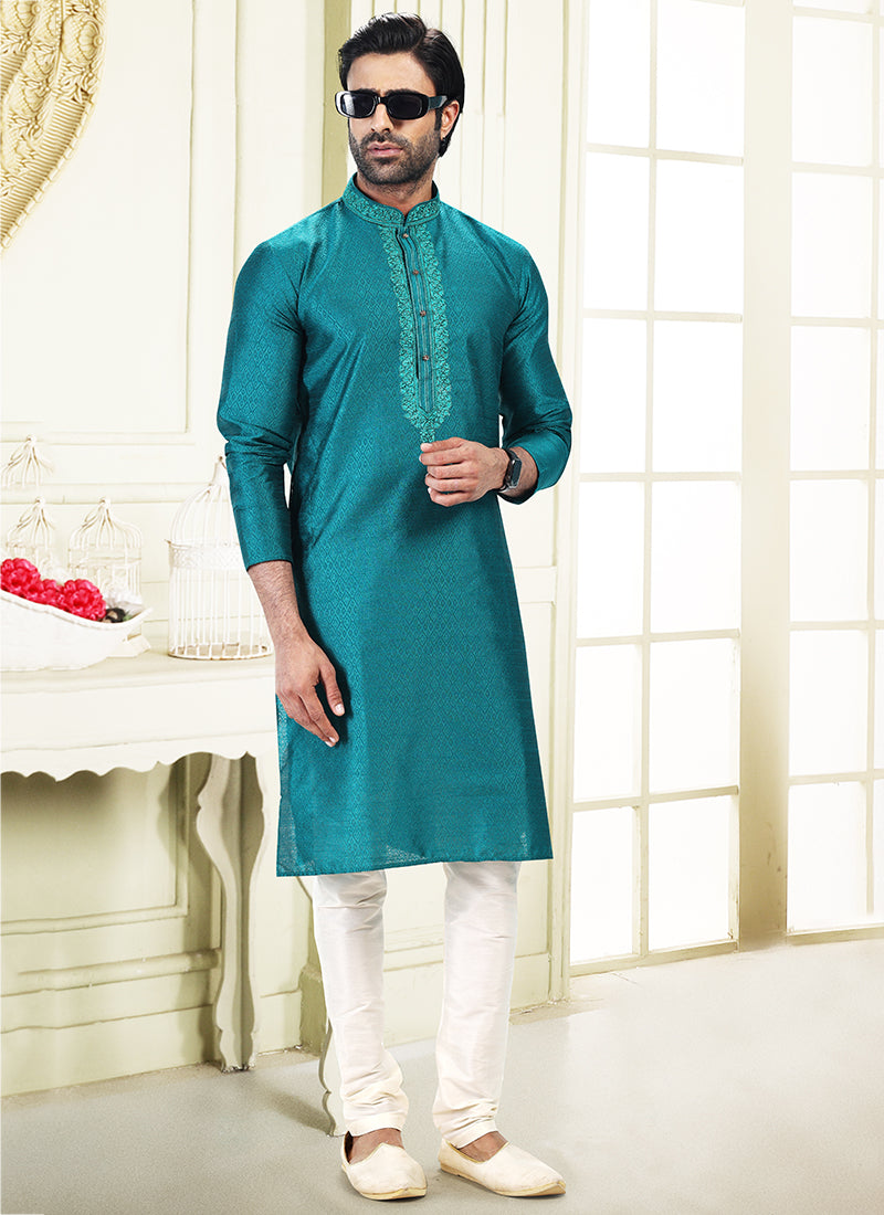 Blue Jacquard Banarasi Silk Festival Wear Thread Work Kurta Pajama