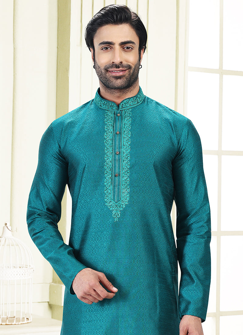 Blue Jacquard Banarasi Silk Festival Wear Thread Work Kurta Pajama