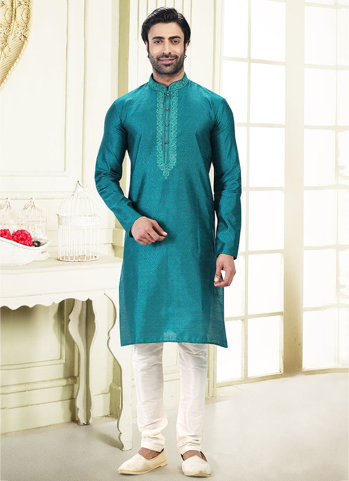 Blue Jacquard Banarasi Silk Festival Wear Thread Work Kurta Pajama