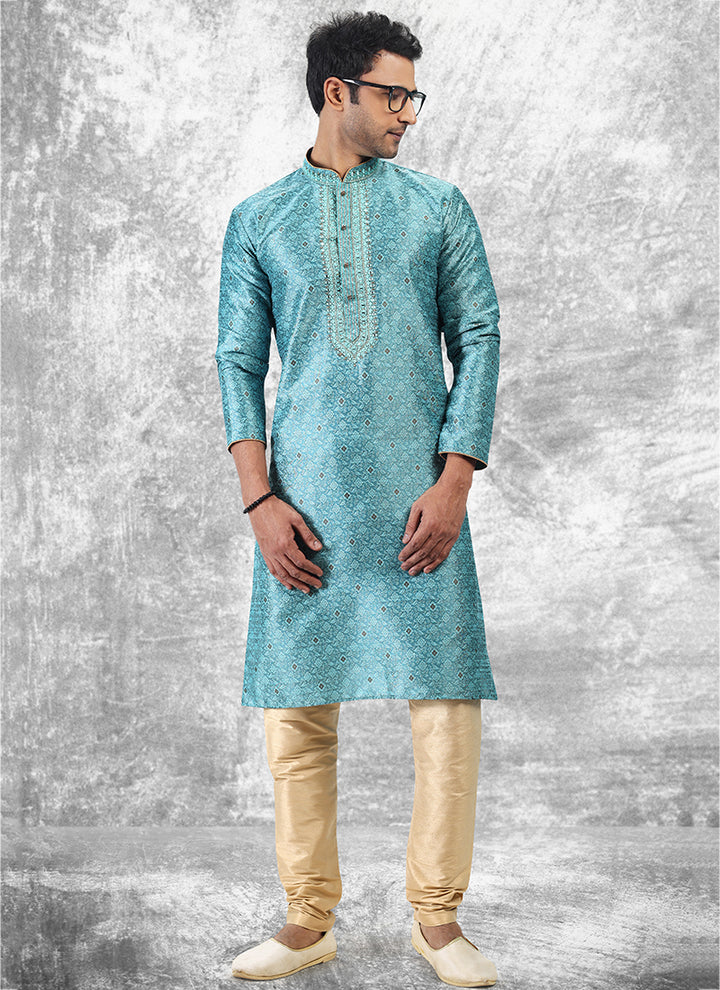 Blue Jacquard Brocade Silk Traditional Wear Thread Work Kurta Pajama