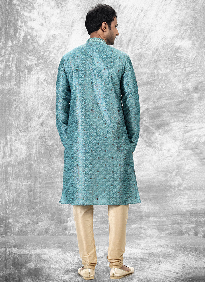 Blue Jacquard Brocade Silk Traditional Wear Thread Work Kurta Pajama