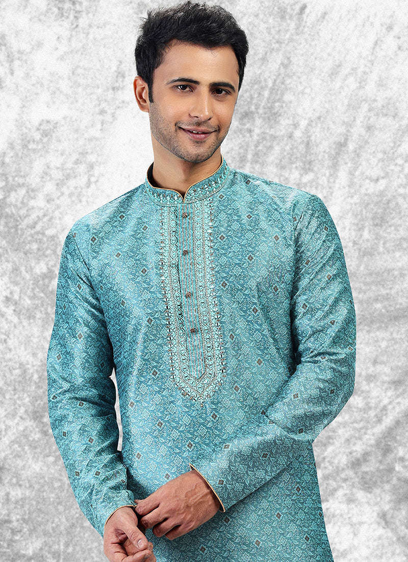 Blue Jacquard Brocade Silk Traditional Wear Thread Work Kurta Pajama