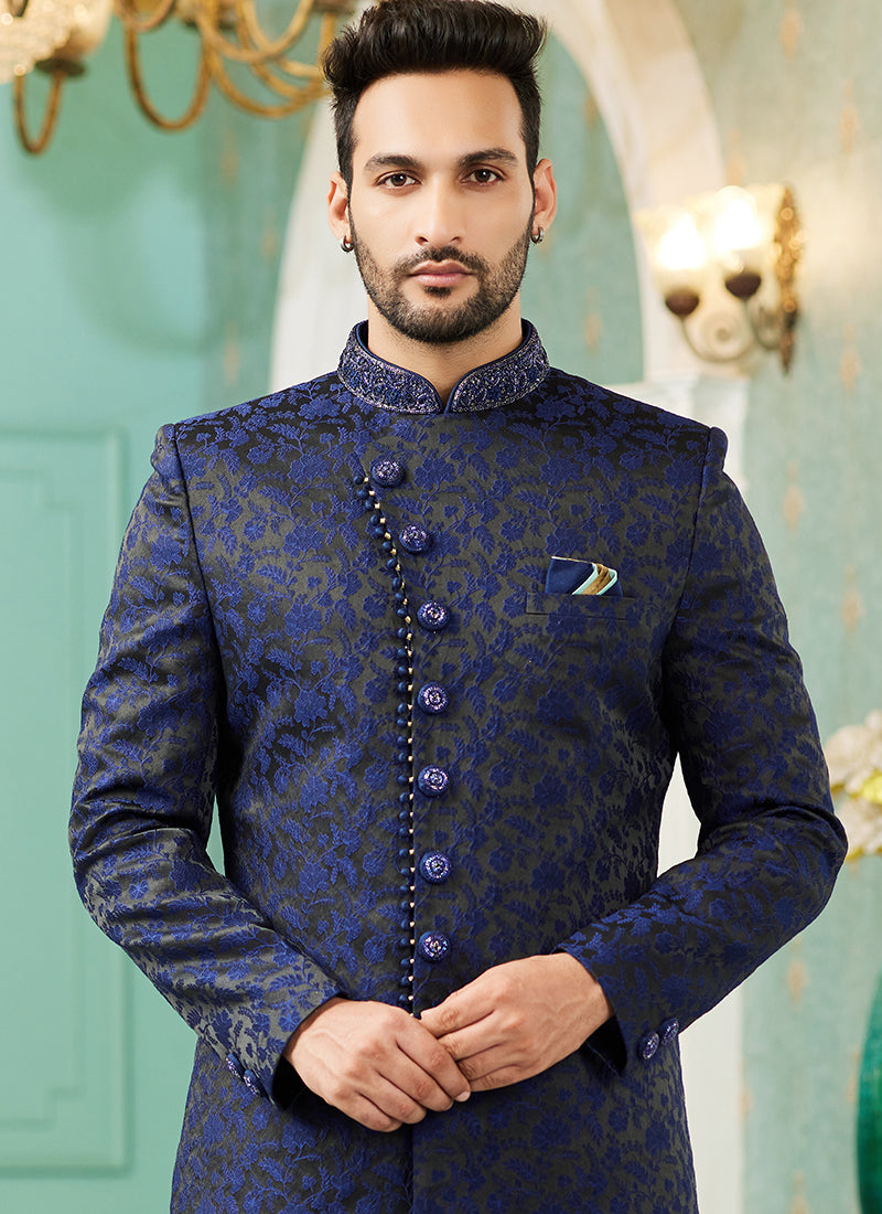 Blue Jacquard Silk Wedding Wear Hand Work IndoWestern