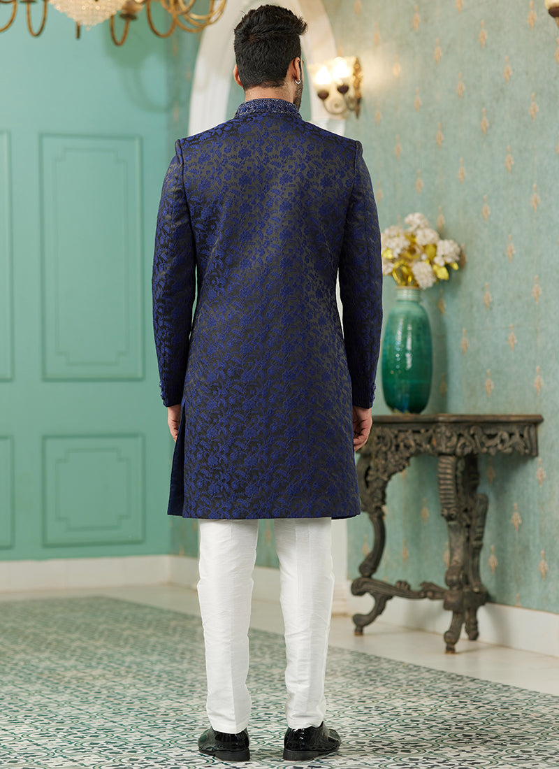 Blue Jacquard Silk Wedding Wear Hand Work IndoWestern